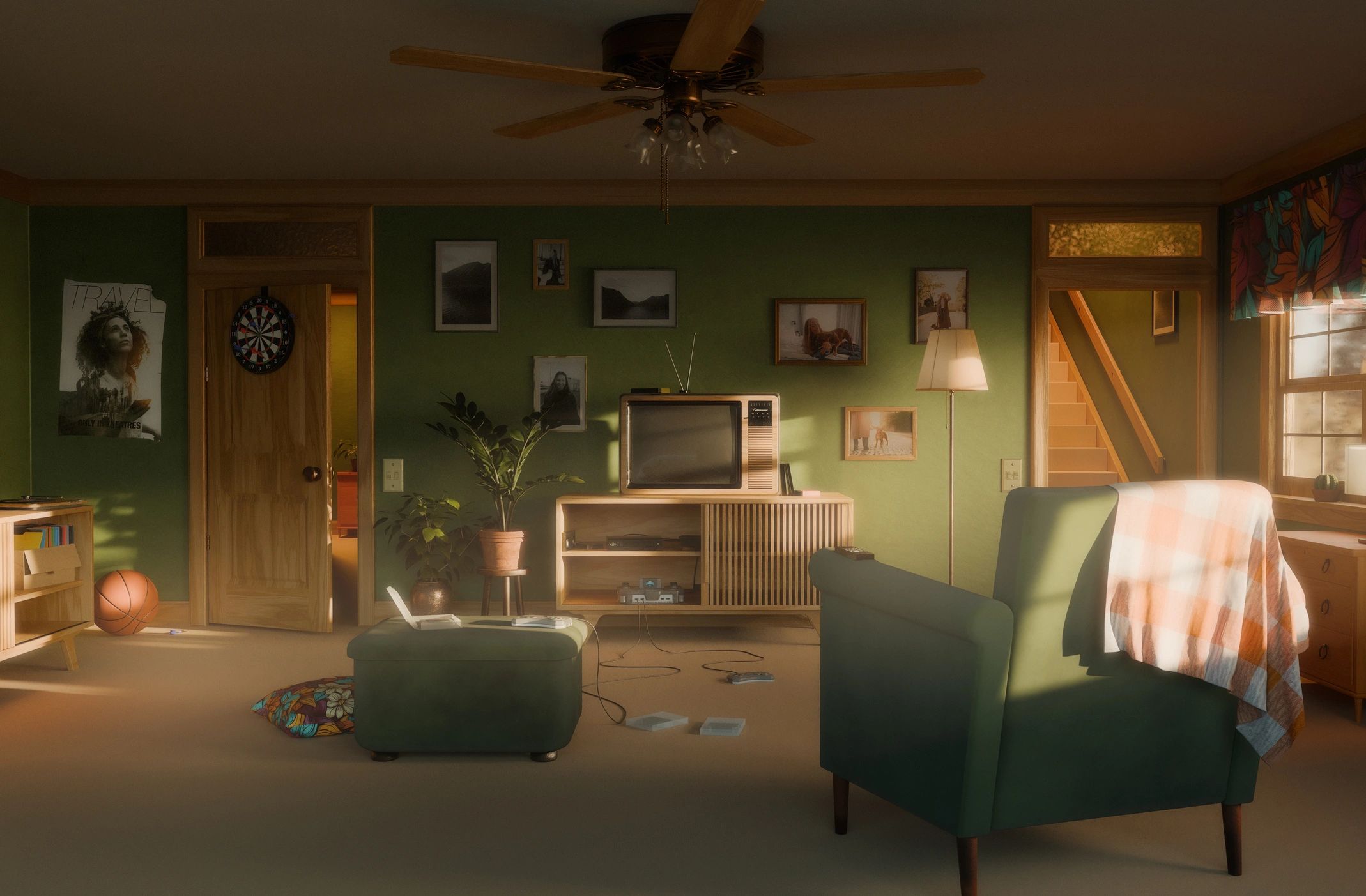 Cozy living room interior with warm, nostalgic decor