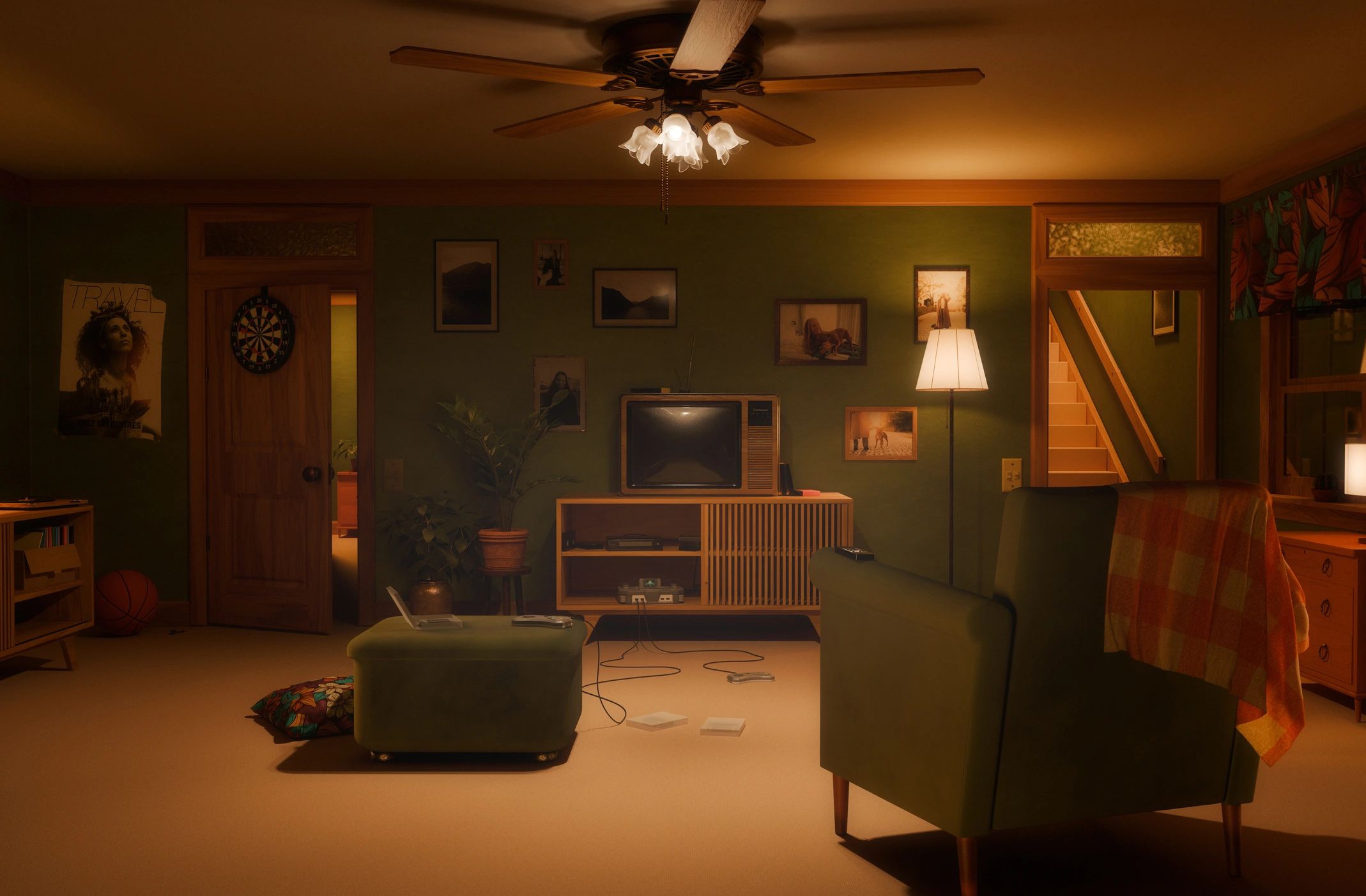 Warm living room at night with soft lighting