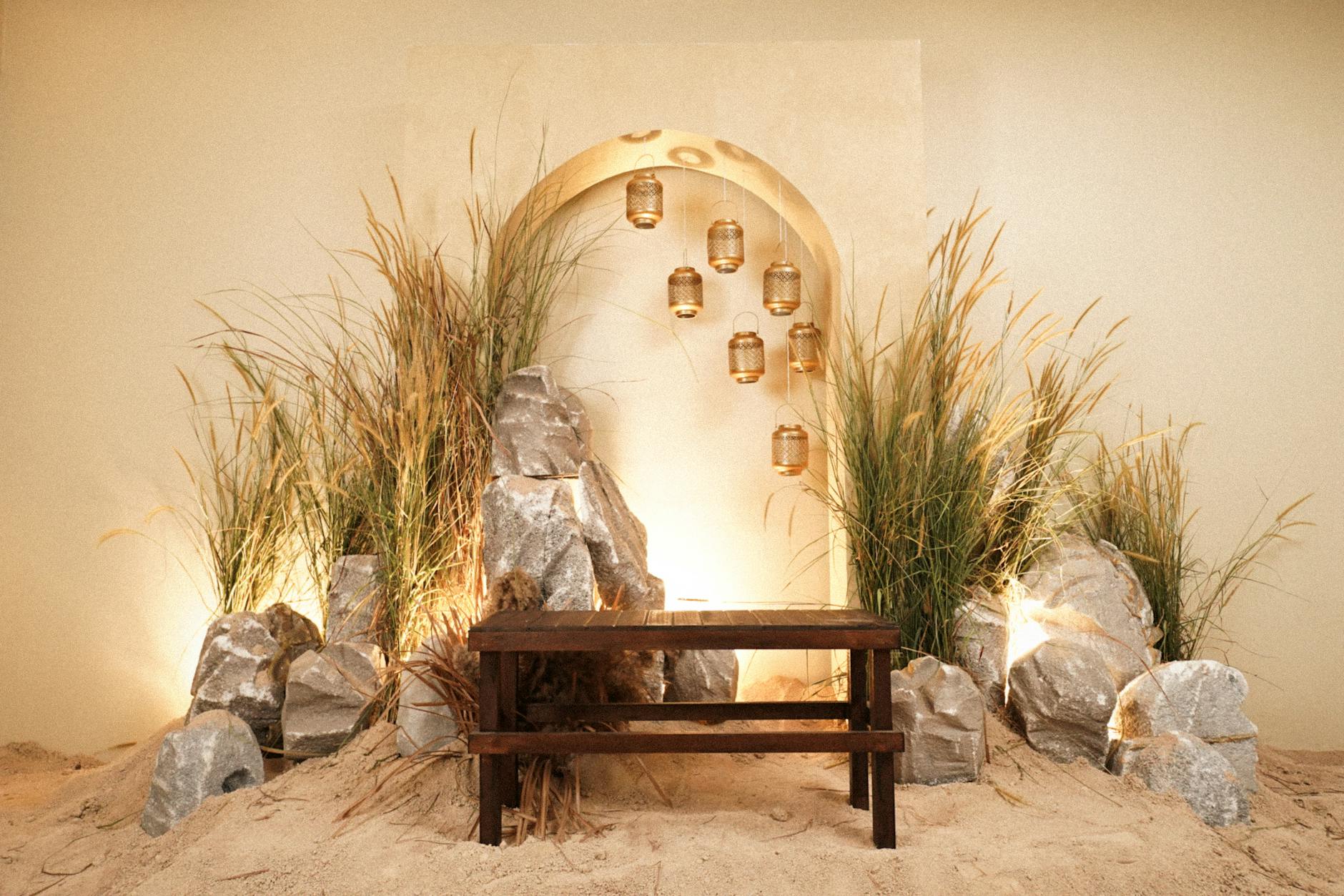 rustic garden scene with lantern decor